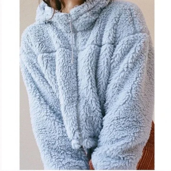 BDG Urban Outfitters Hooded Cropped Teddy Jacket Grey Baby Blue Large - Picture 14 of 16